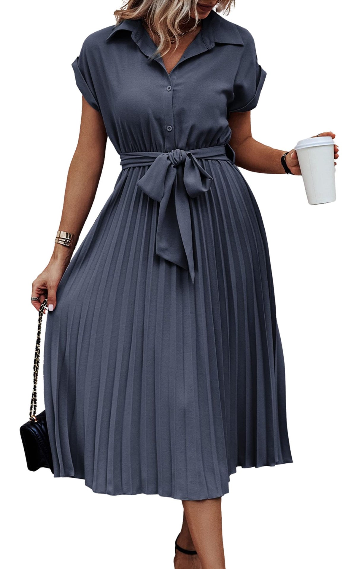 ECOWISH Womens Casual Midi Dresses Solid V Neck Short Sleeve Button Shirt Belted Dress with Pockets for Spring Summer 2026