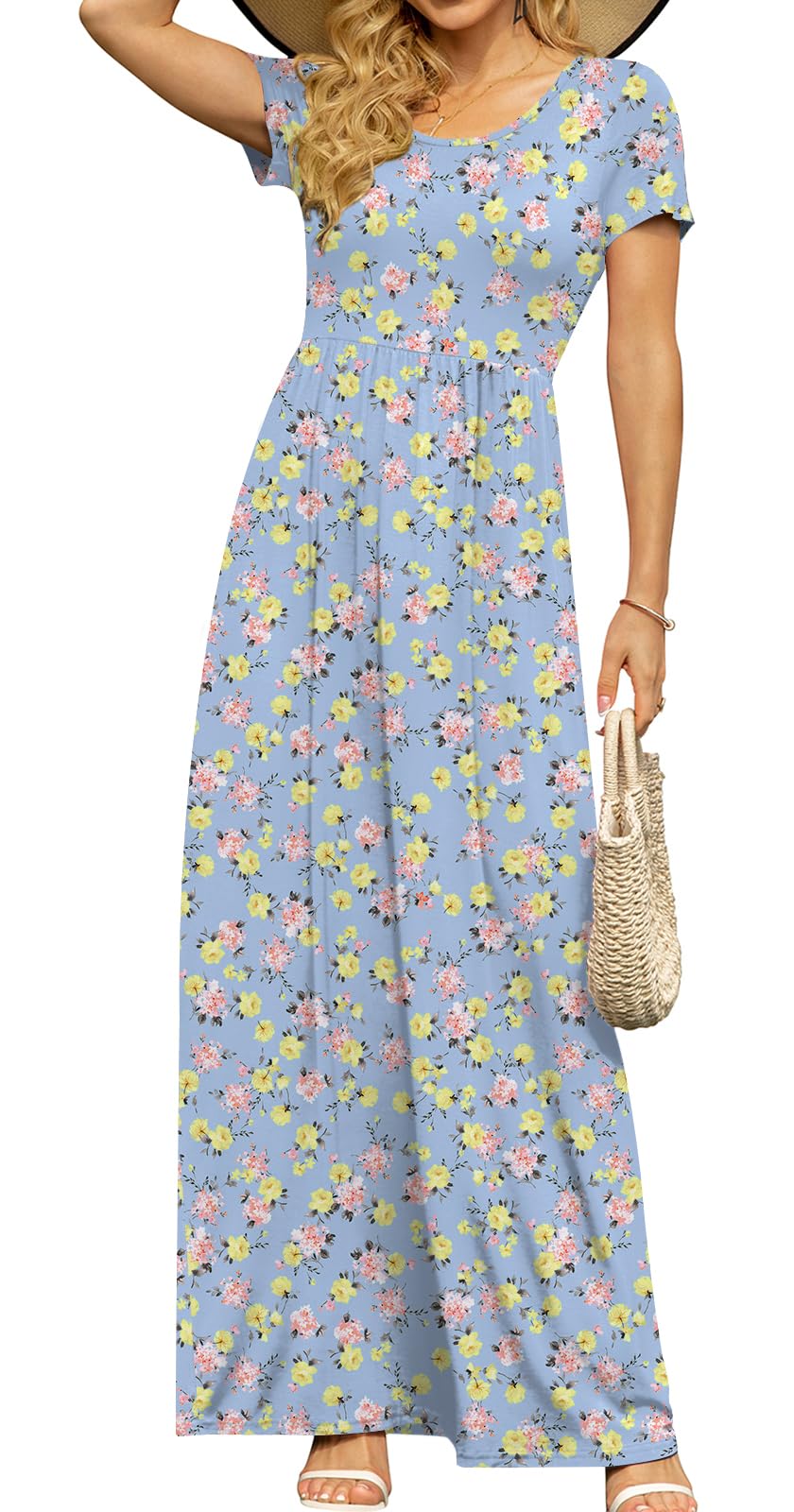 DB MOON Women's Summer Maxi Dress Casual Short Sleeve Empire Waist Pockets