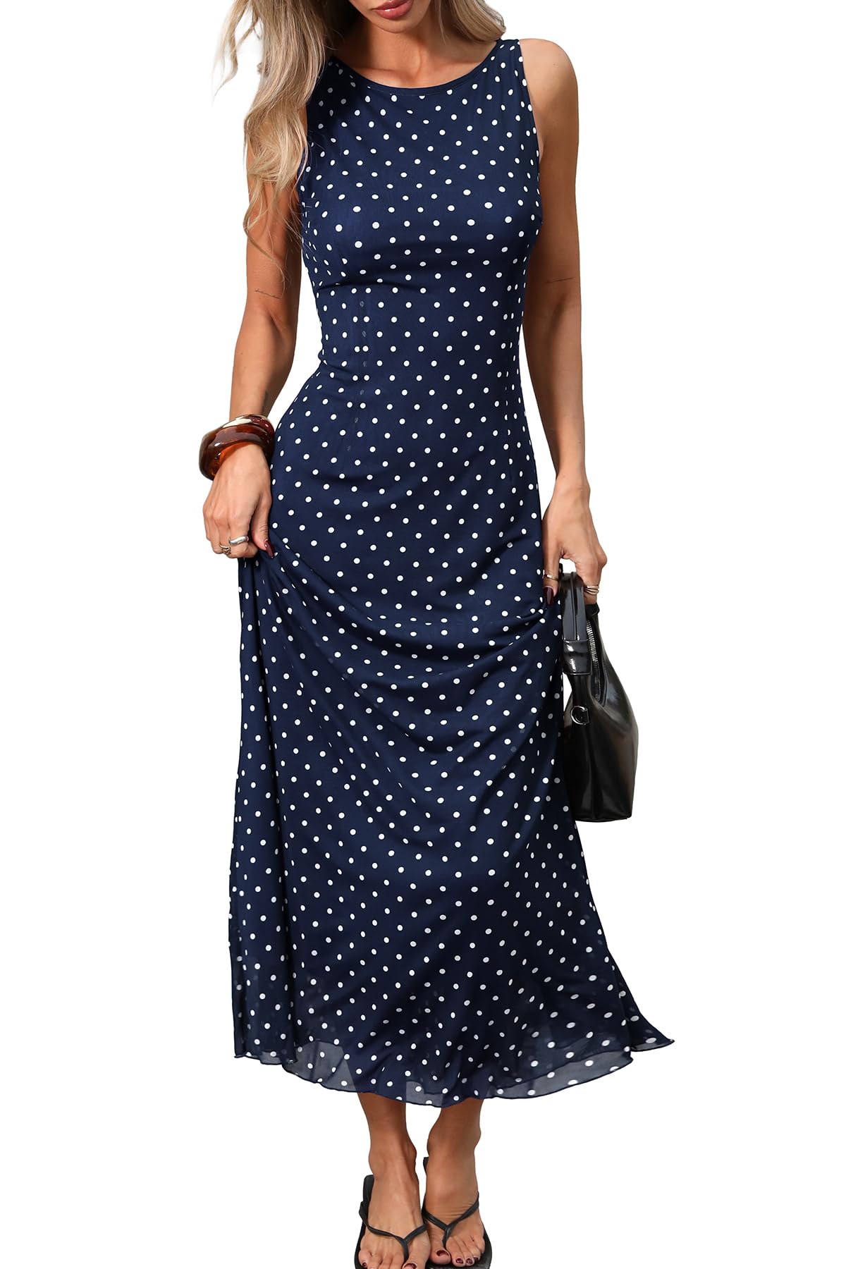 ELLEVEN Women’s Polka Dot Maxi Tank Dress Fitted Elegant Long Dress