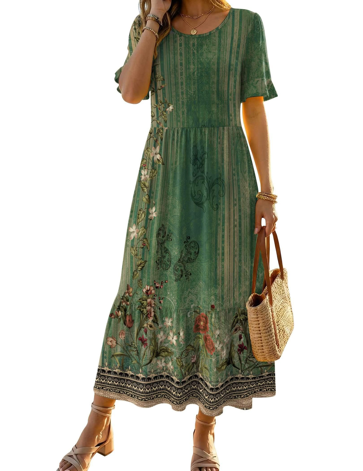 Zeagoo Womens Summer Dresses 2026 Casual Midi Dress Flowy Sundress Ruffle Short Sleeve Tiered Dresses A Line Boho Dress