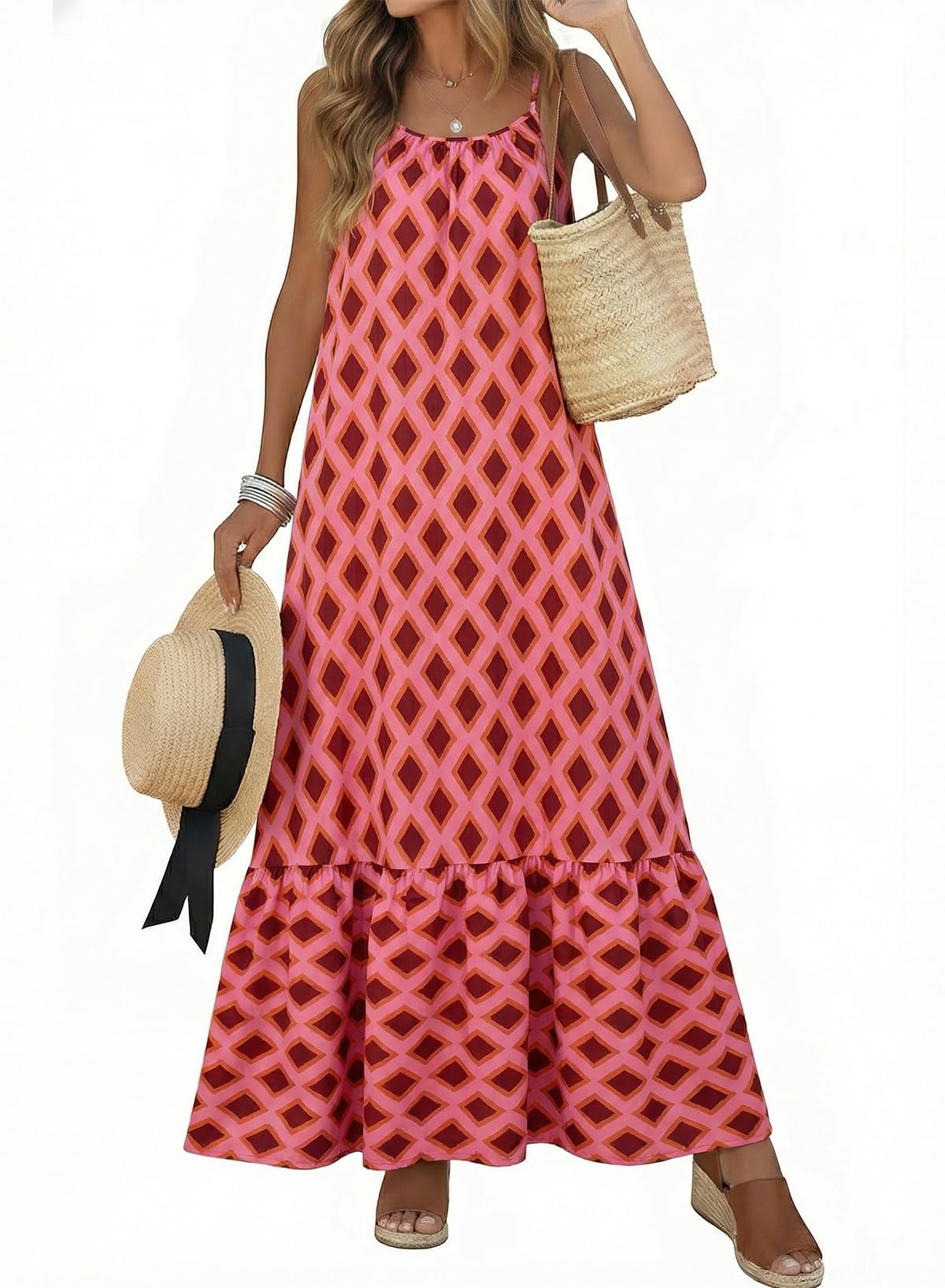 Dokotoo Women Summer Dresses Scoop Neck Ruffle Flowy Boho Maxi Dress