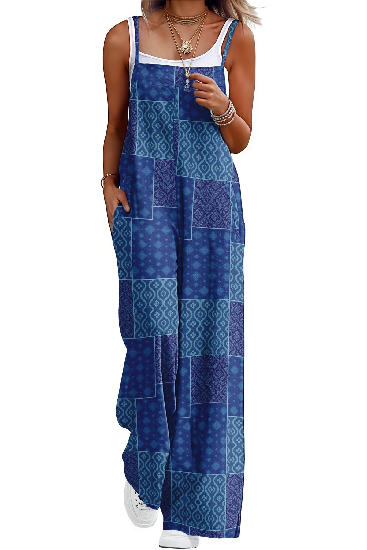 Lepunuo Womens Casual Loose Jumpsuits Summer Boho Wide Leg Rompers Sleeveless Overalls with Pockets