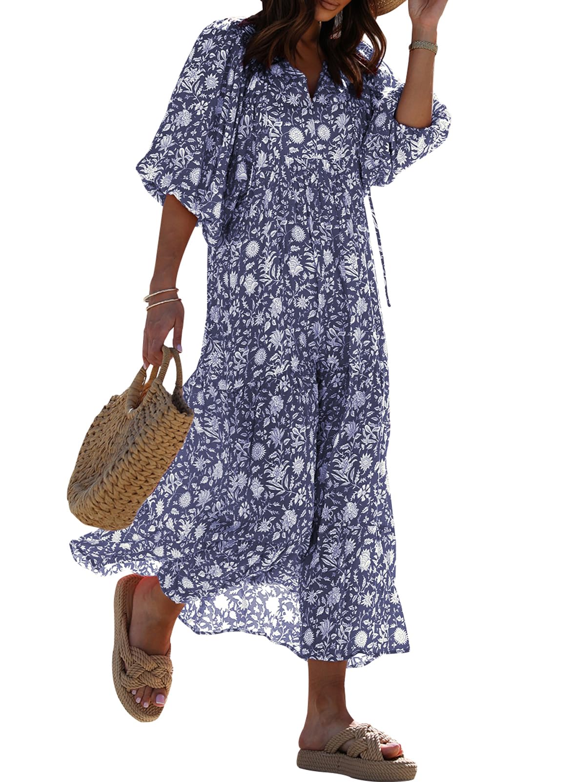 miduo Womens Casual V Neck Half Sleeve Bohemian Geometric Maxi Long Dresses