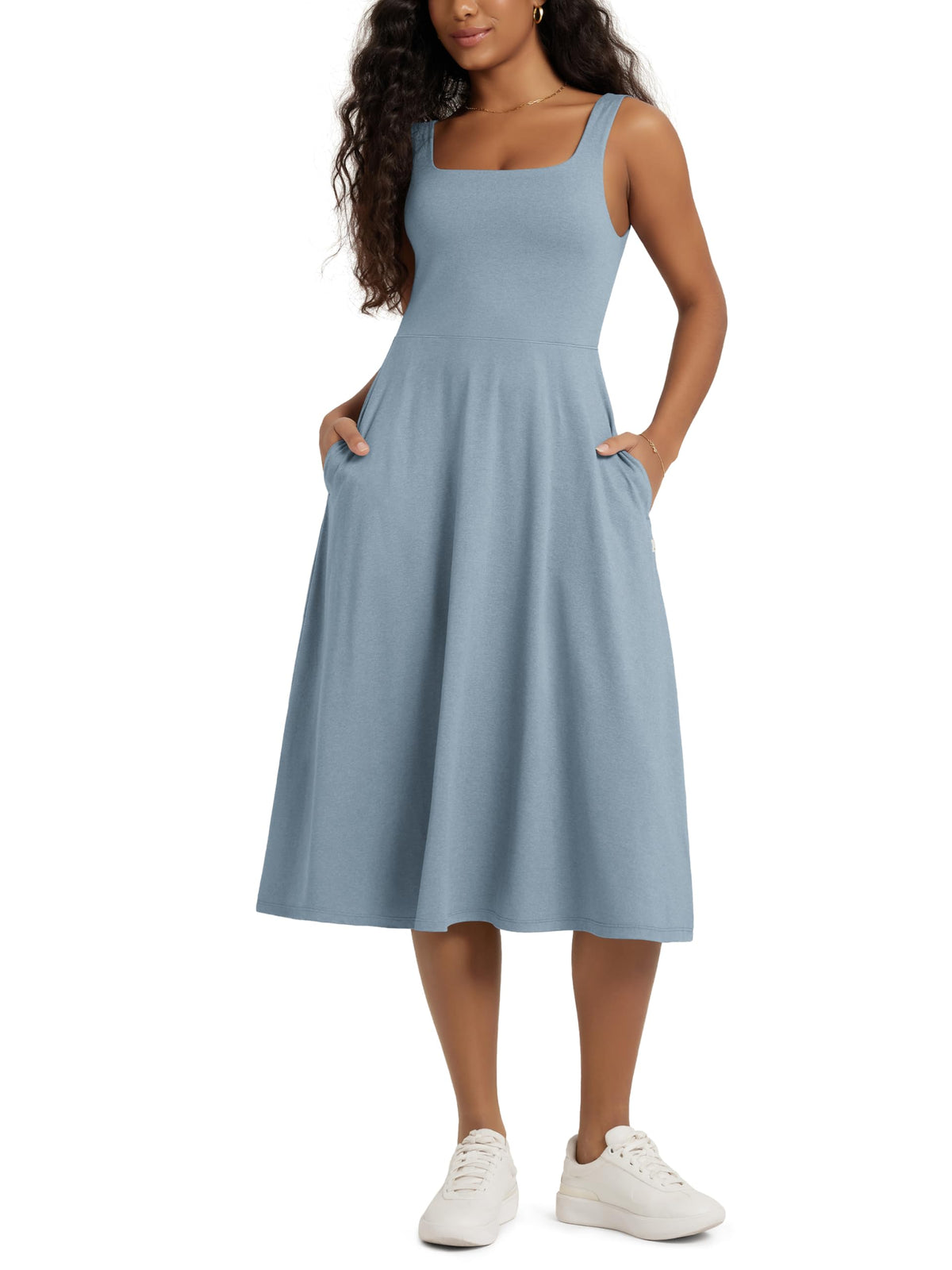 ODODOS Square Neck Midi Dress with Pockets for Women Summer Casual Sleeveless Sundress Flare Tank Dress