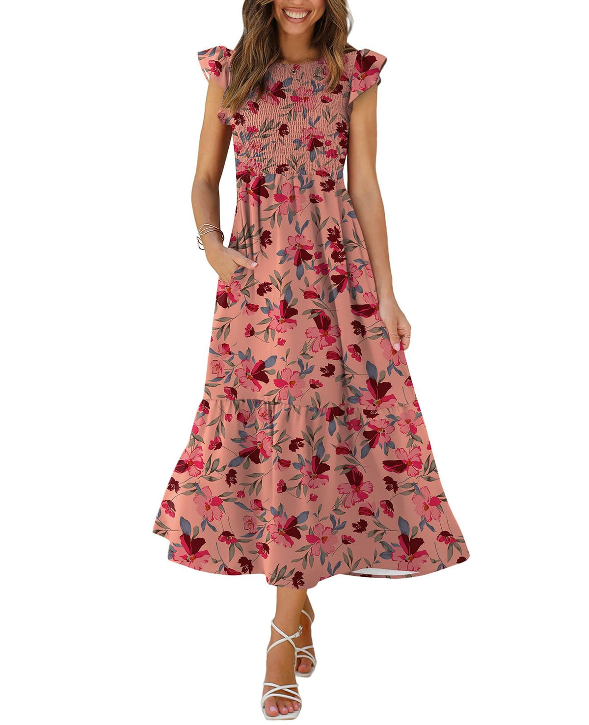 OFEEFAN Women's Casual Maxi Dresses with Pockets Ruffle Sleeve Smocked Dress XS-2XL