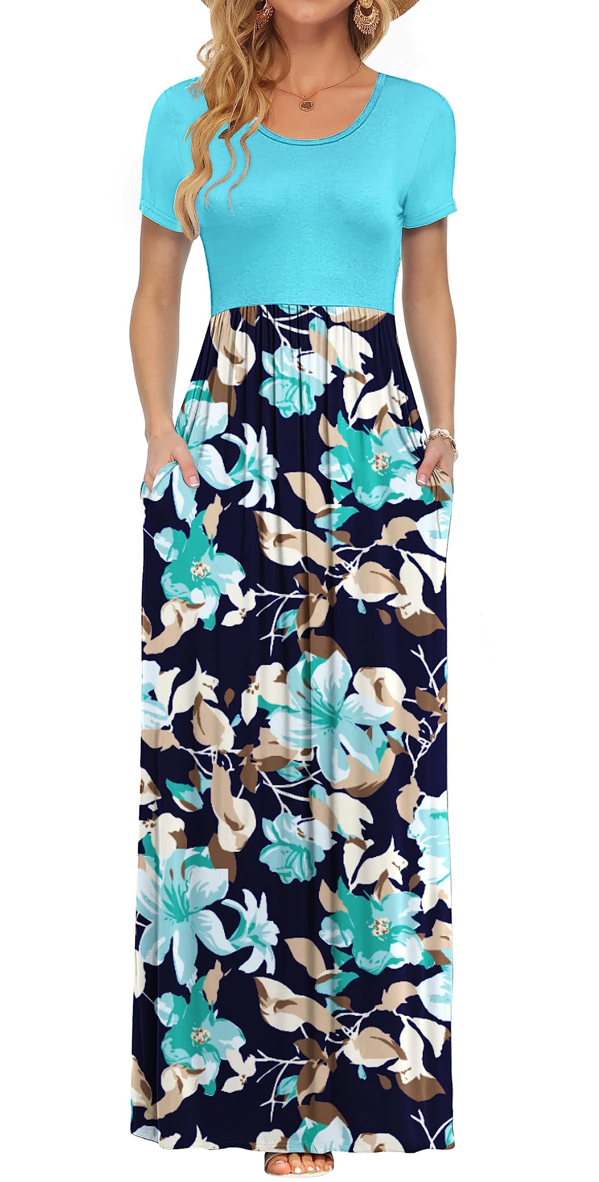 AUSELILY Women's Summer Short Sleeve Loose Plain Casual Long Maxi Dresses