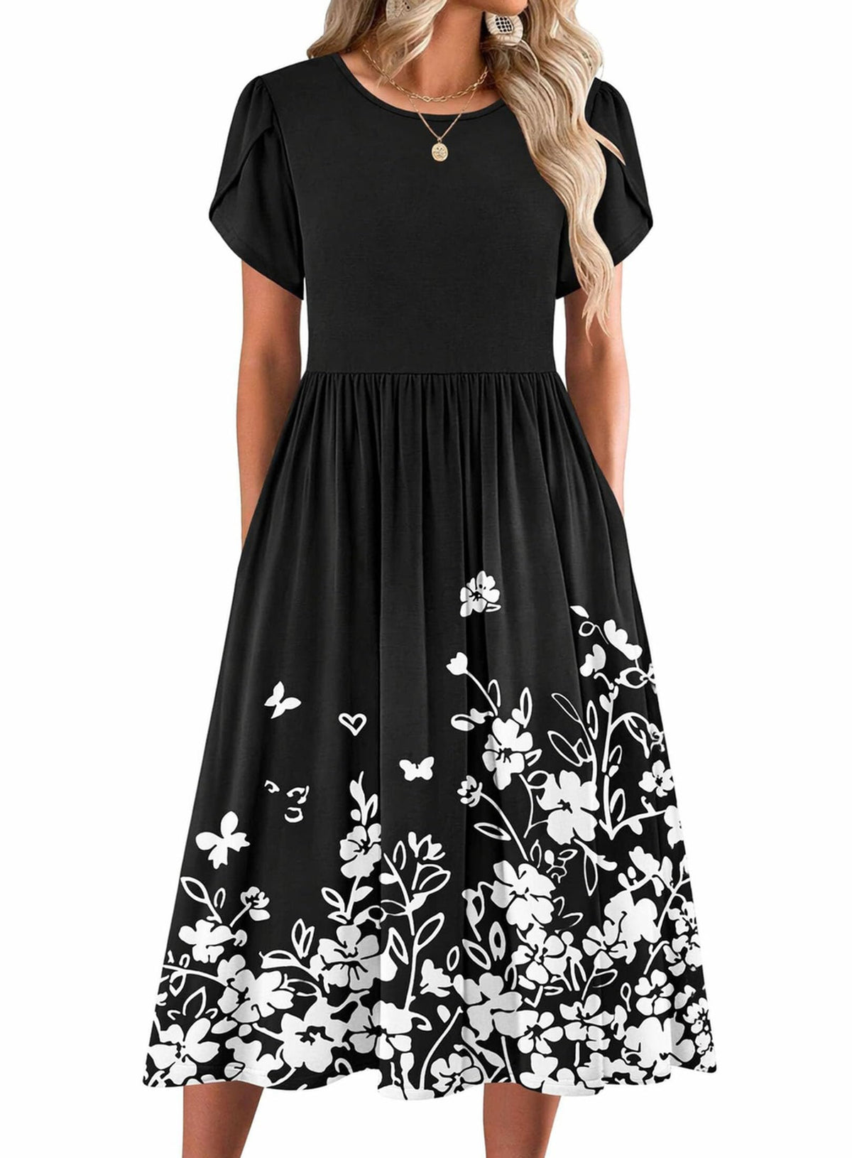 Zeagoo Womens Summer Dresses Casual Aline Midi Dress Short Sleeve Floral Tshirt Dress Flowy Beach Sundresses with Pockets