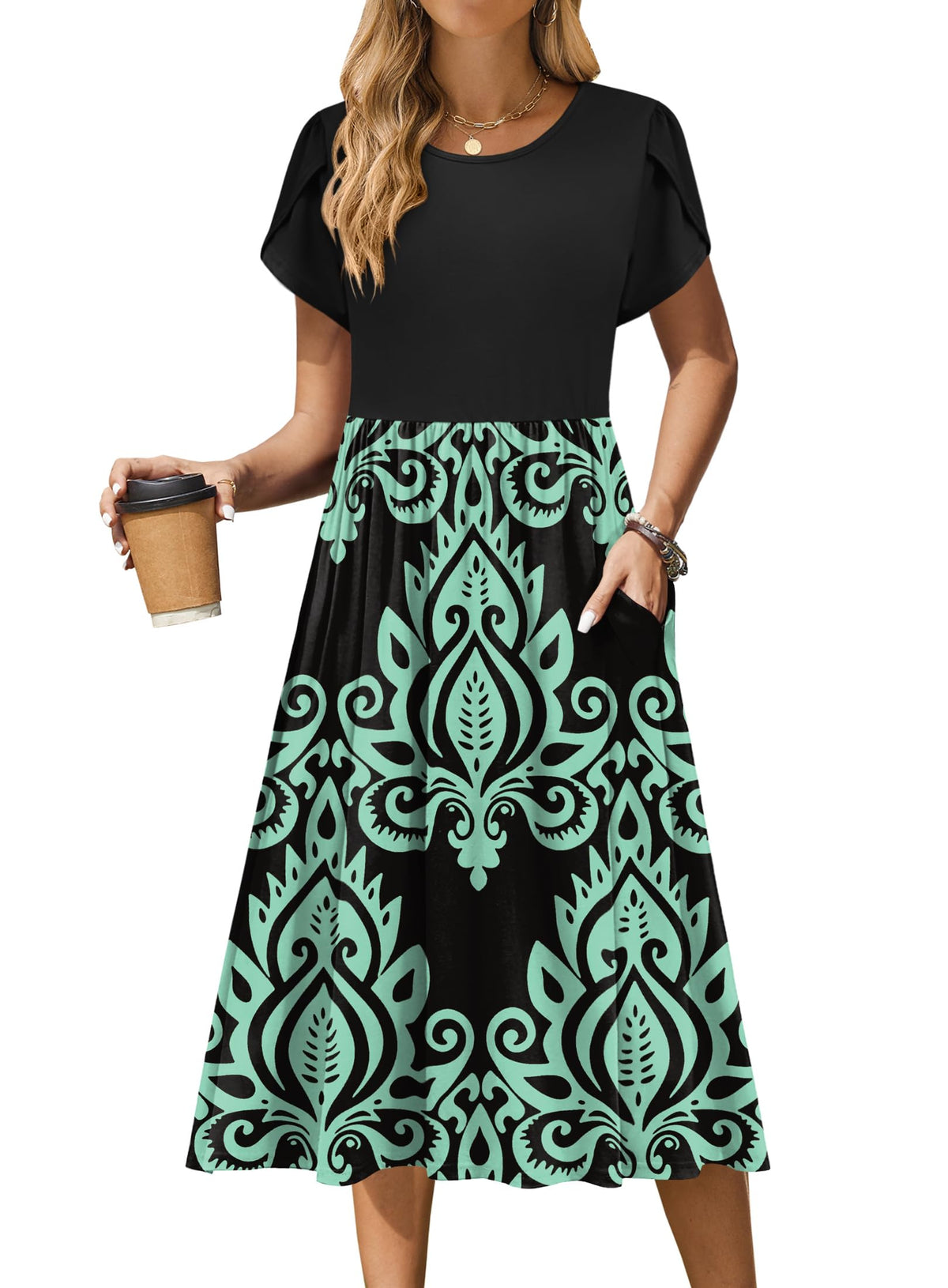Zeagoo Womens Summer Dresses Casual Aline Midi Dress Short Sleeve Floral Tshirt Dress Flowy Beach Sundresses with Pockets
