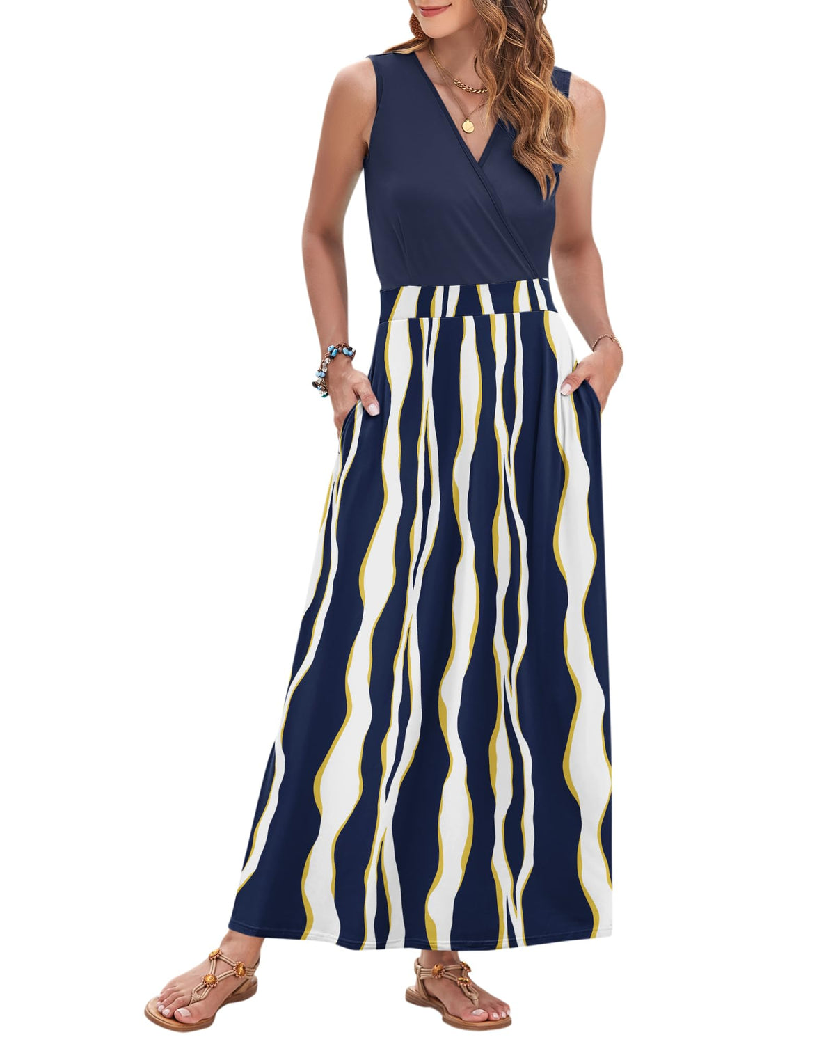 AUSELILY Womens Maxi Dress Summer Sleeveless Wrap Long Dresses with Pockets