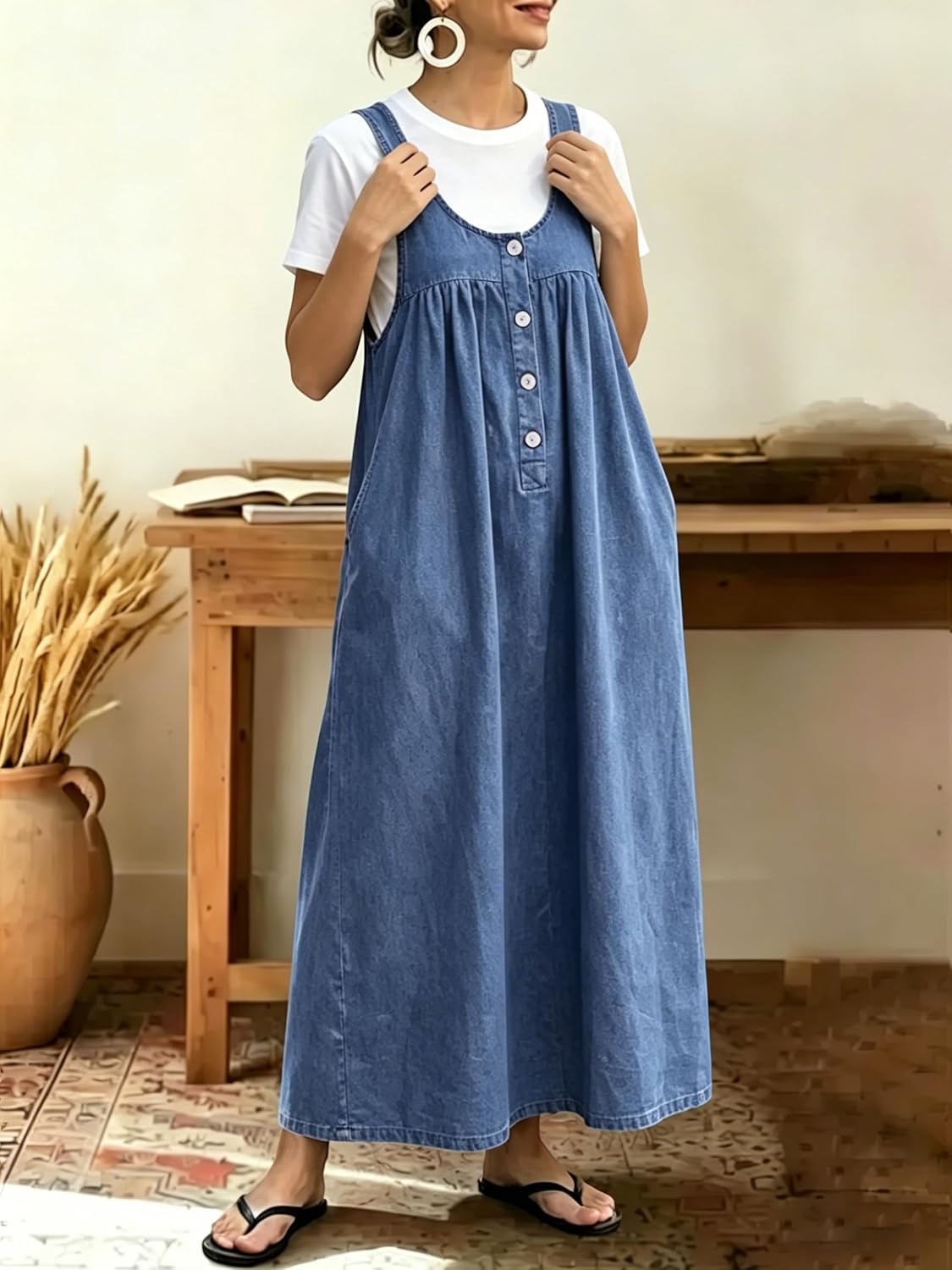 chouyatou Women's Pullover Denim Overall Dress Mid Long Button Front Pinafore Bib Jean Dress With Pockets