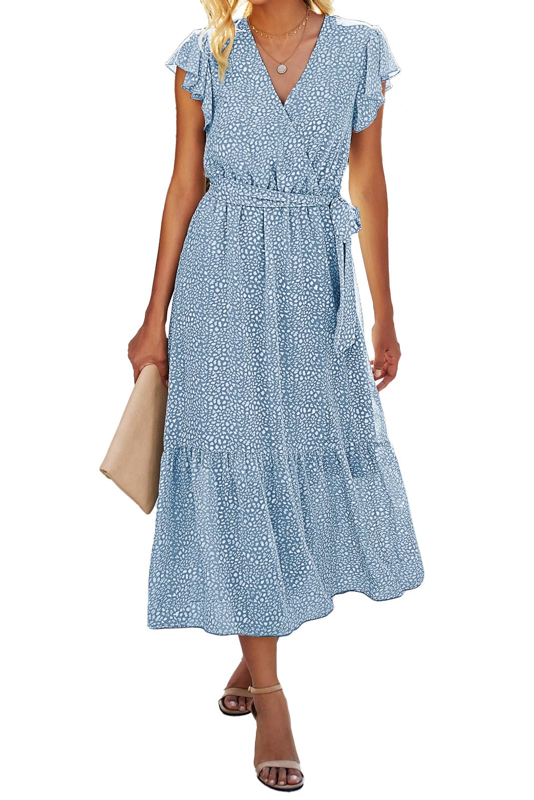 BTFBM Women Summer Casual Wrap V Neck Ruffle Cap Sleeve Belted Midi Dress