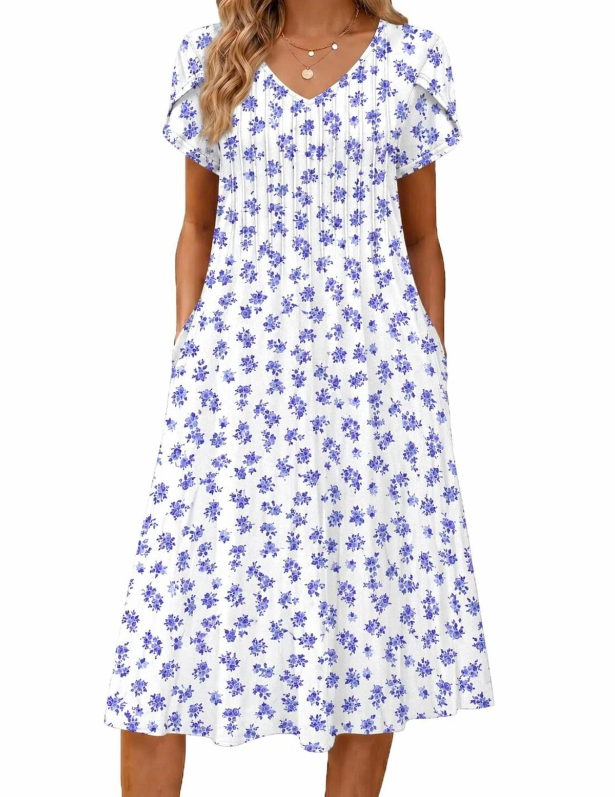 Zeagoo Womens Casual Summer Dress 2026 Short Sleeve Dresses Pleats Midi A Line Flowy Dress Boho Beach Sundress with Pockets