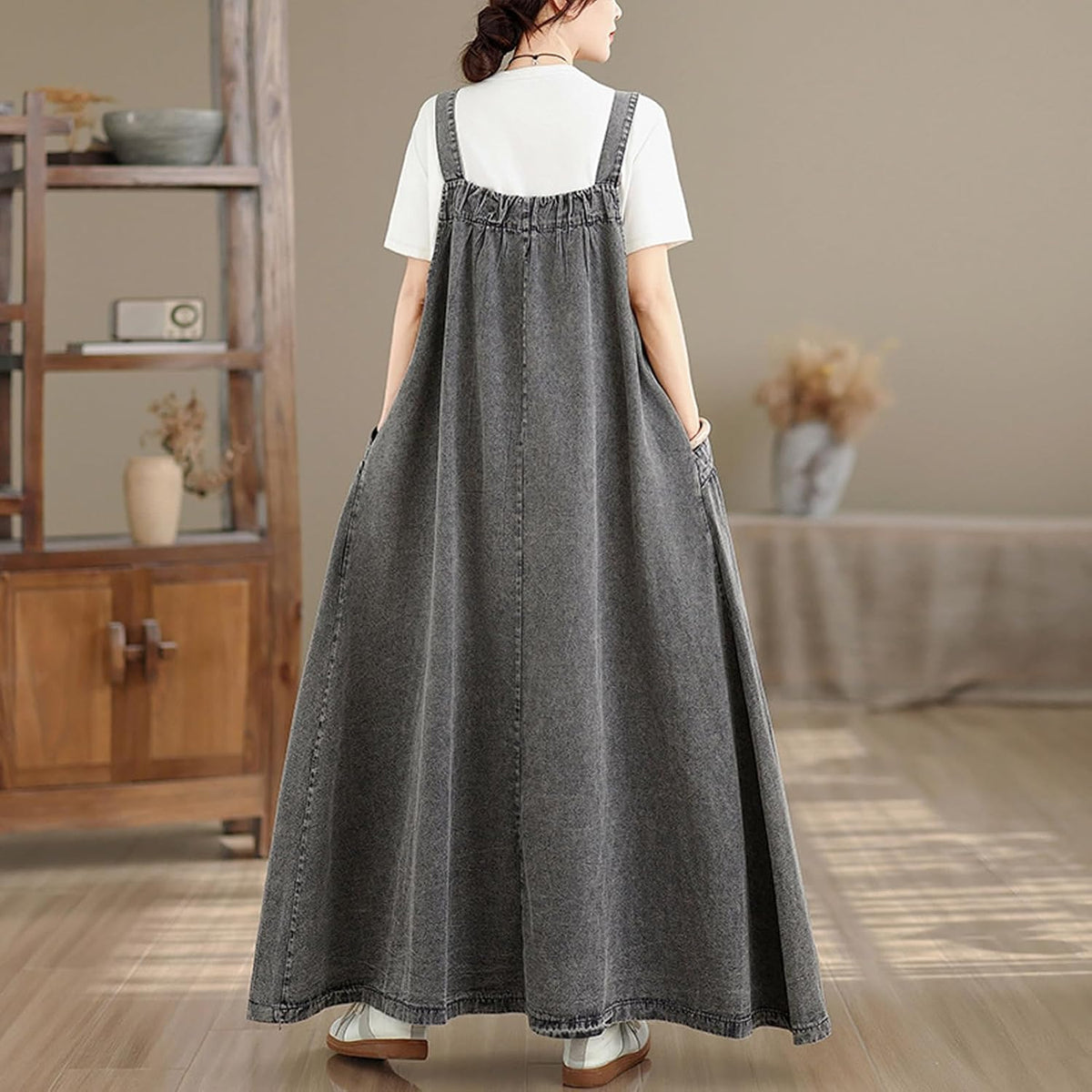 Women's Casual Loose Denim Dress Sleeveless Adjustable Straps Denim Jumper Dress with Pockets