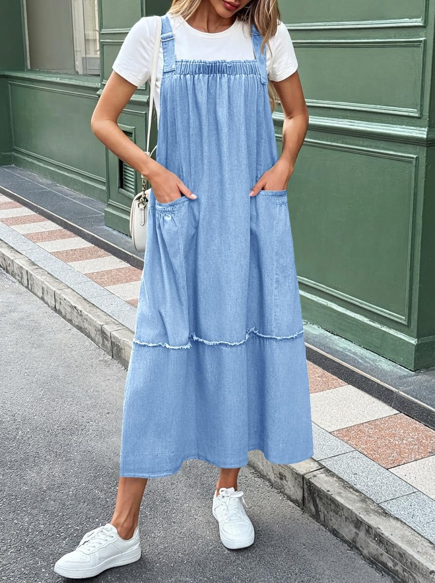 Cicy Bell Women's Denim Overall Dress Casual Adjutable Strap Back Drawstring Loose Jumper Bib Maxi Dresses with Pockets