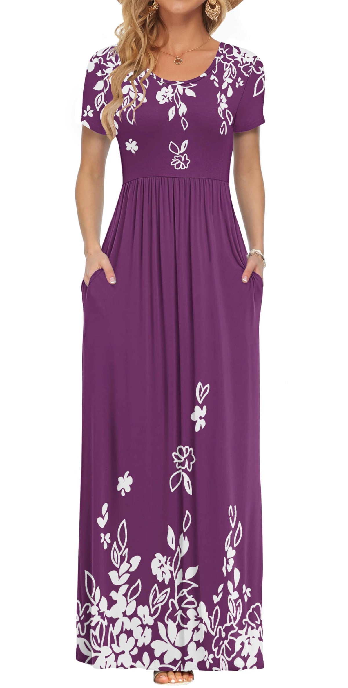 AUSELILY Women's Summer Short Sleeve Loose Plain Casual Long Maxi Dresses