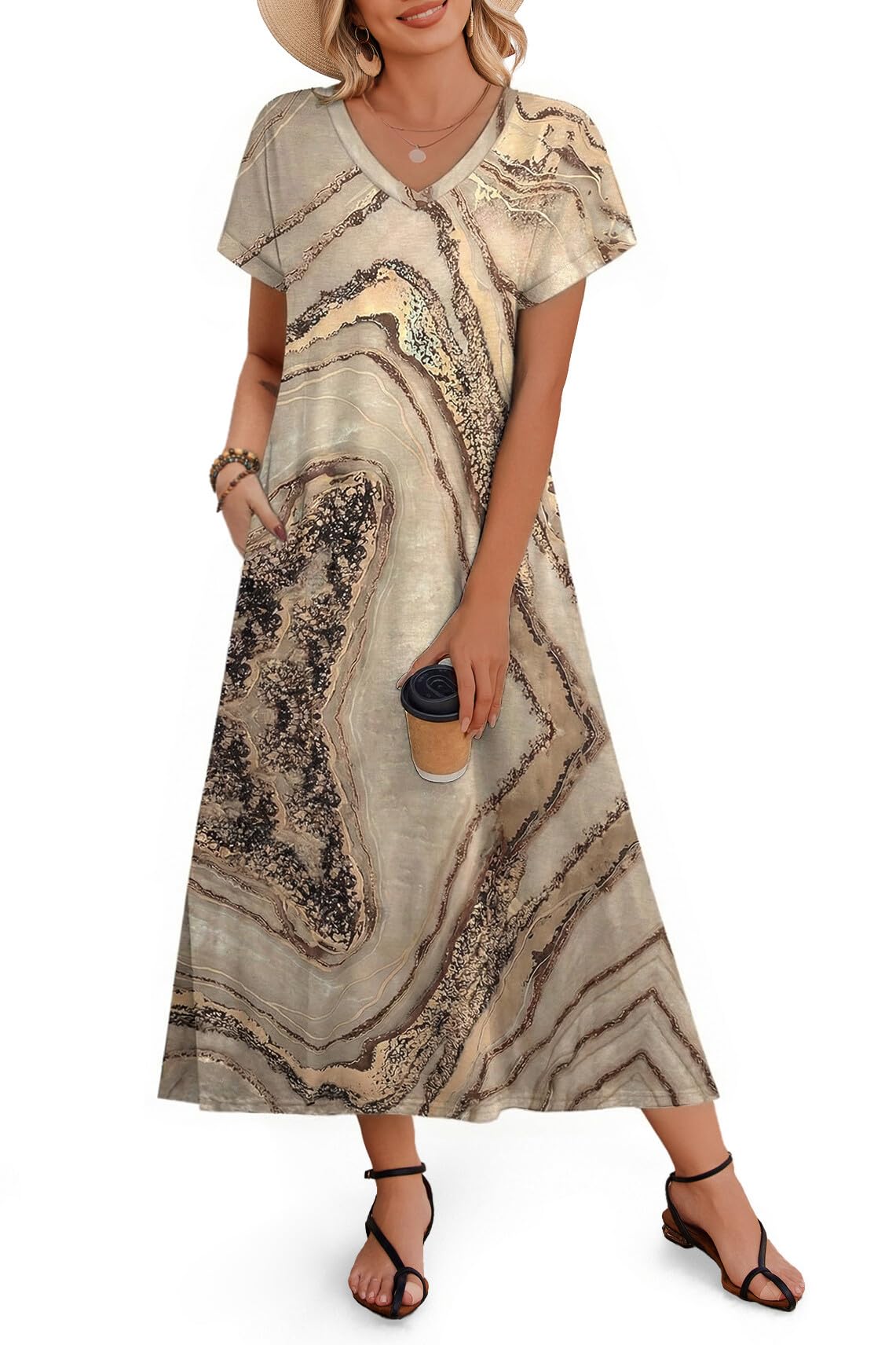 Zeagoo Women Summer Floral Dress Short Sleeve Beach Dress with Pockets Casual V-Neck Split Long T-Shirt Dress Travel Vacation