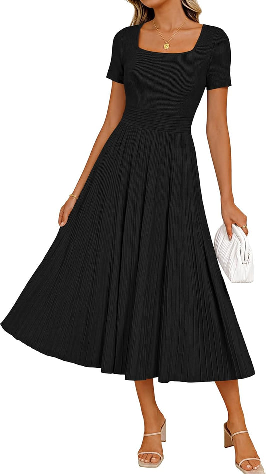 ZESICA Womens Elegant Pleated Wedding Guest Midi Sweater Dress