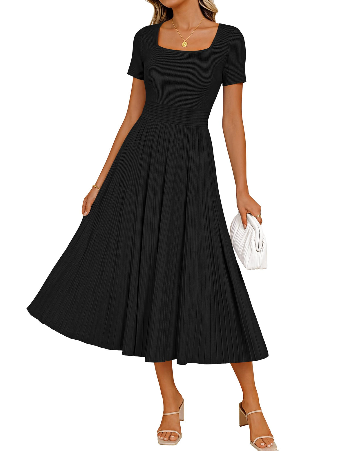 ZESICA Womens Elegant Pleated Wedding Guest Midi Sweater Dress