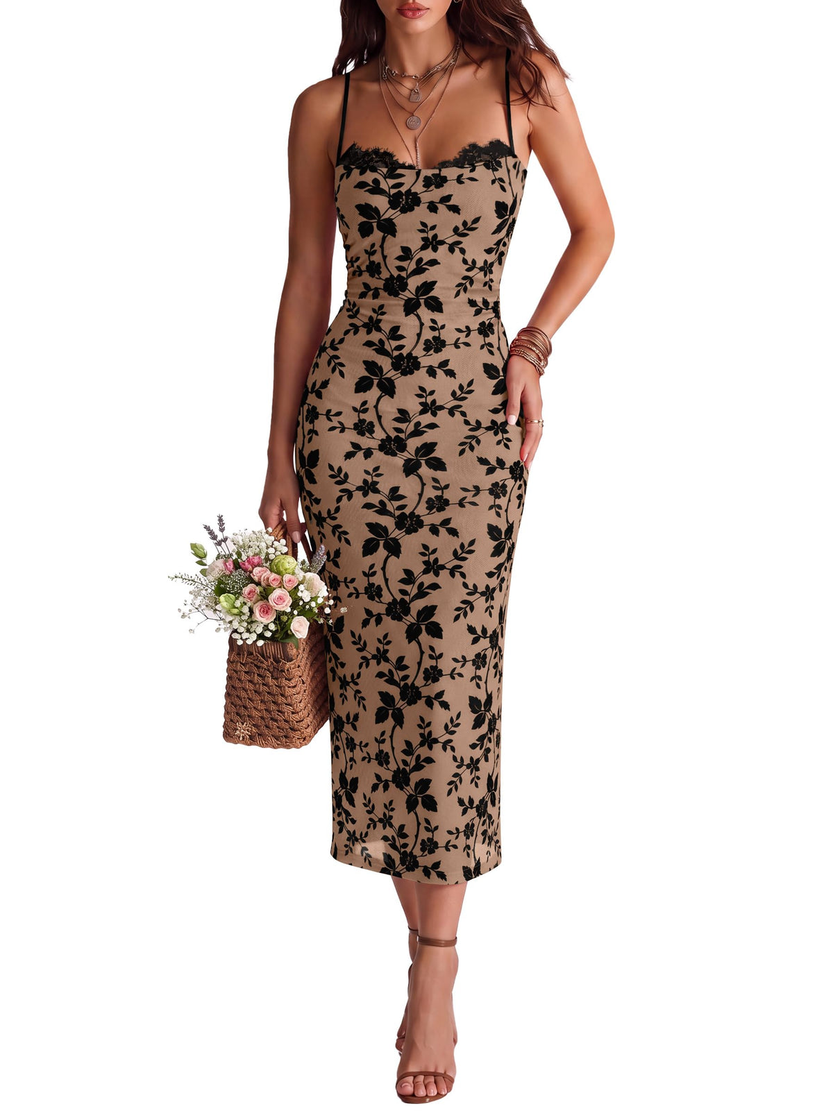 ANRABESS Women's Semi Formal Bodycon Floral Midi Dresses