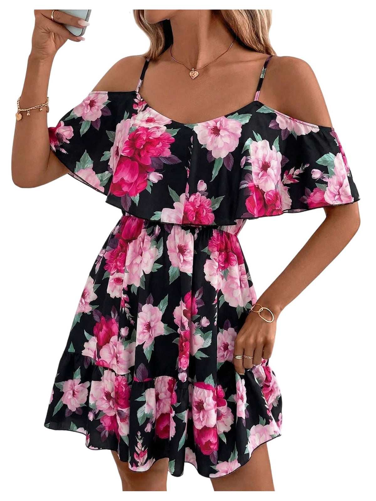 SOLY HUX Women's Summer Floral Mini Dress Cold Shoulder Ruffle Dresses