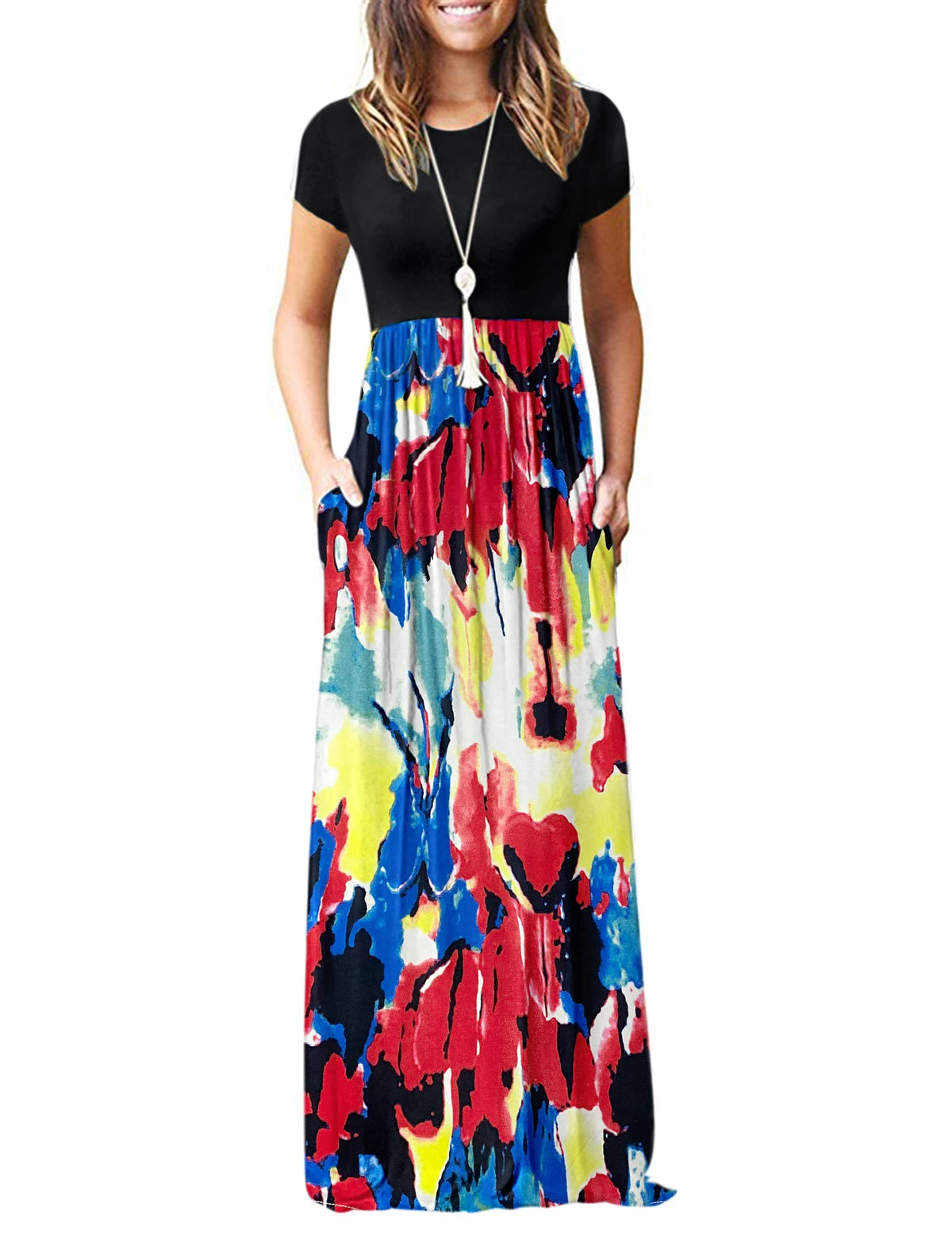 AUSELILY Women's Summer Short Sleeve Loose Plain Casual Long Maxi Dresses