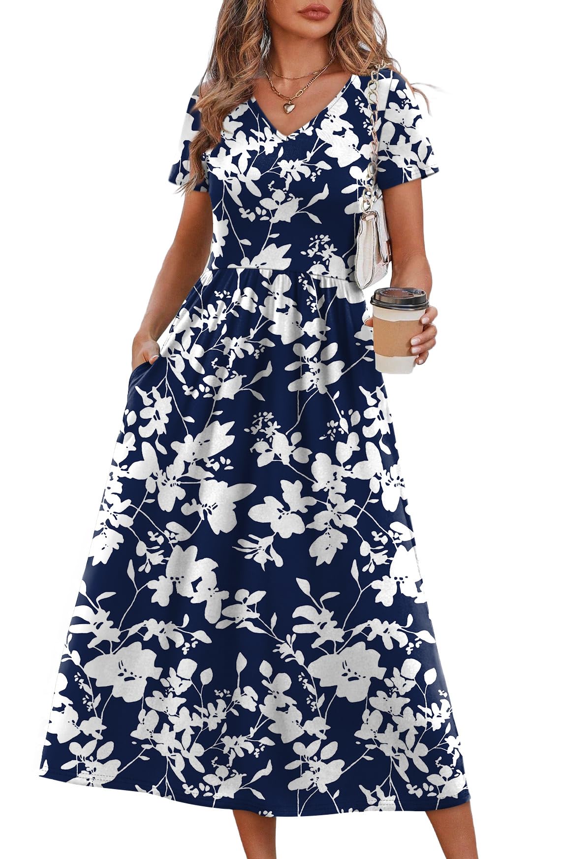 OFEEFAN Summer Dresses for Women Flowy Casual A-Line Midi Dress Beach Vacation Sundresses with Pockets S-2XL