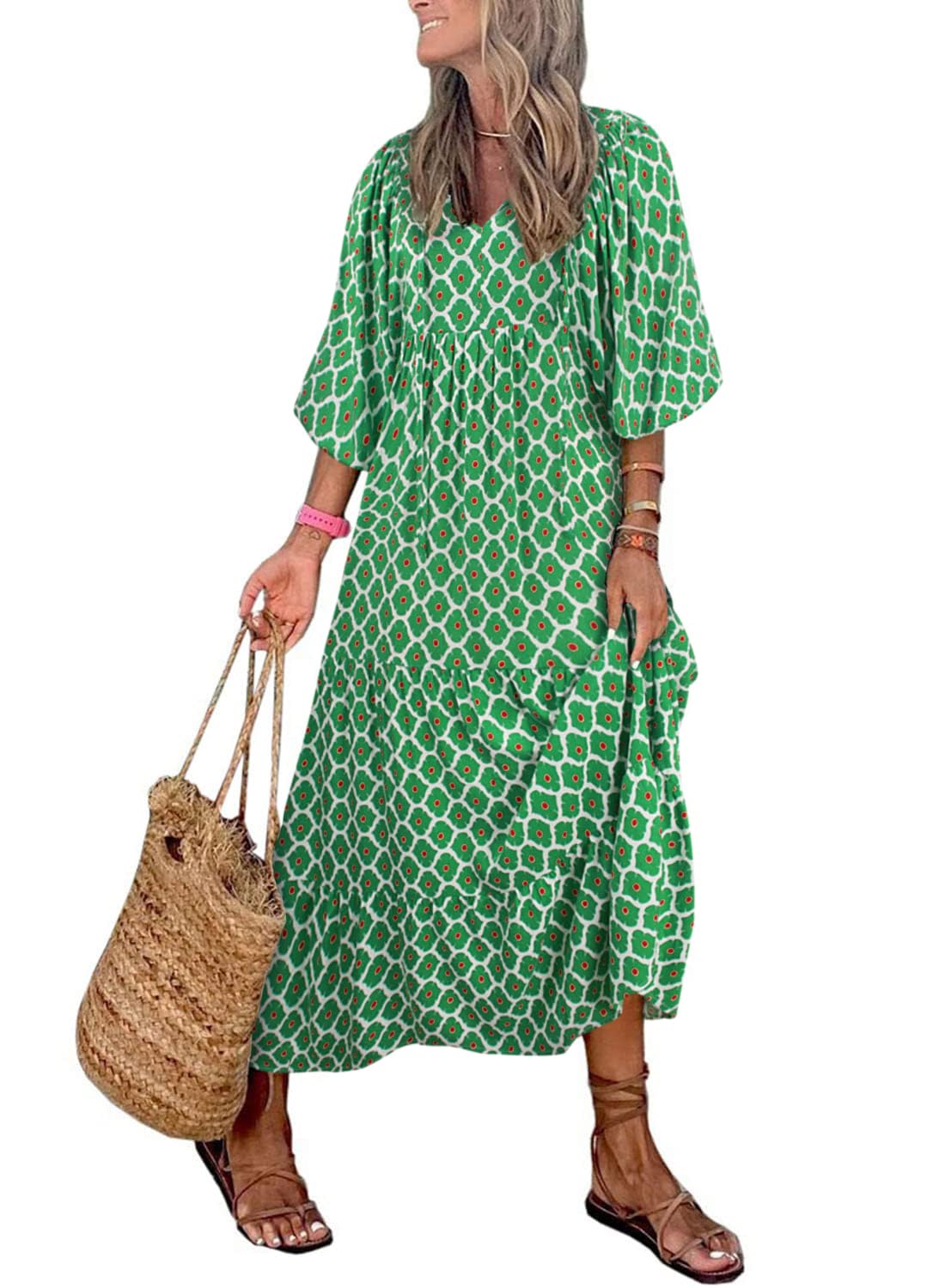 miduo Womens Casual V Neck Half Sleeve Bohemian Geometric Maxi Long Dresses