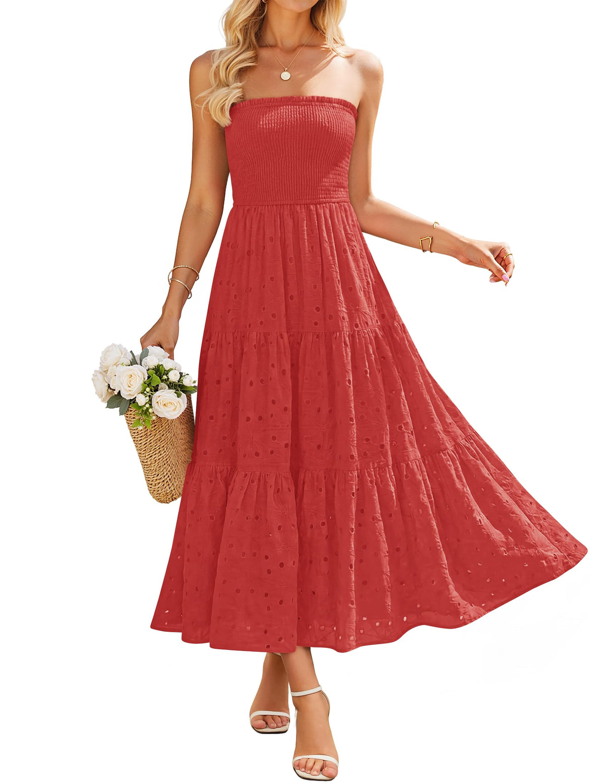 ZESICA Womens 2026 Summer Boho Strapless Smocked Midi Dresses