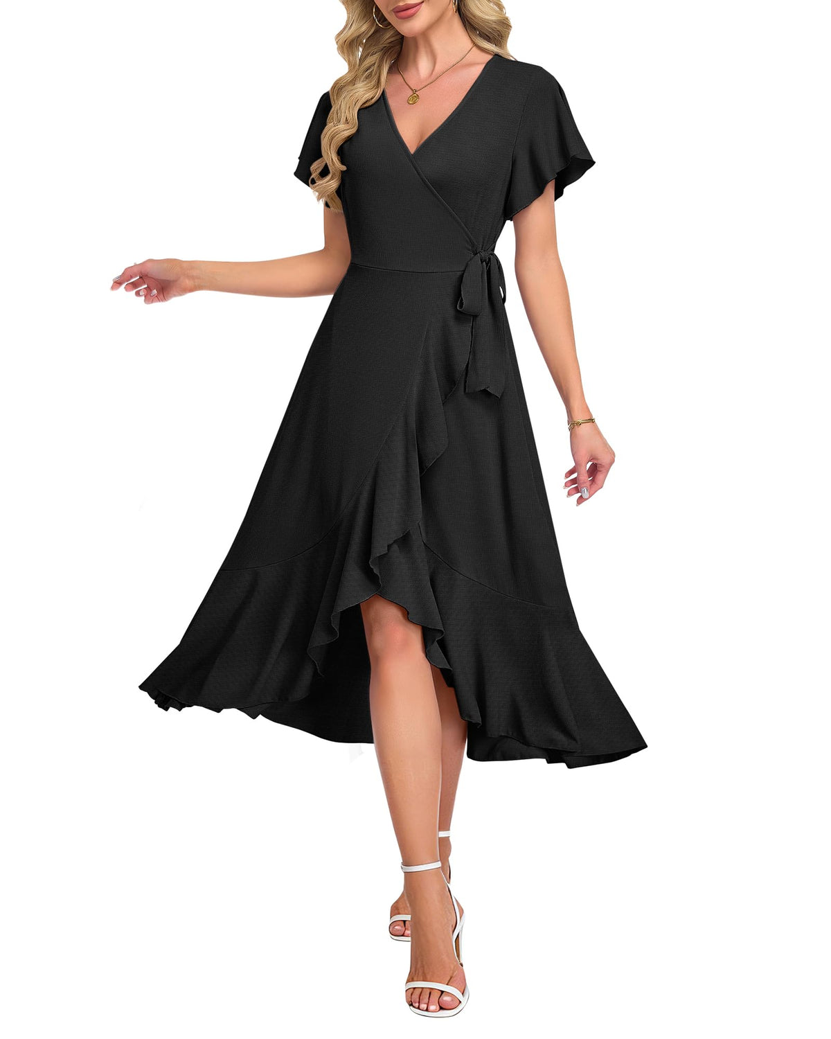 AUSELILY Women Summer Midi Dresses Wrap Short Flutter Sleeve Elegant Dress