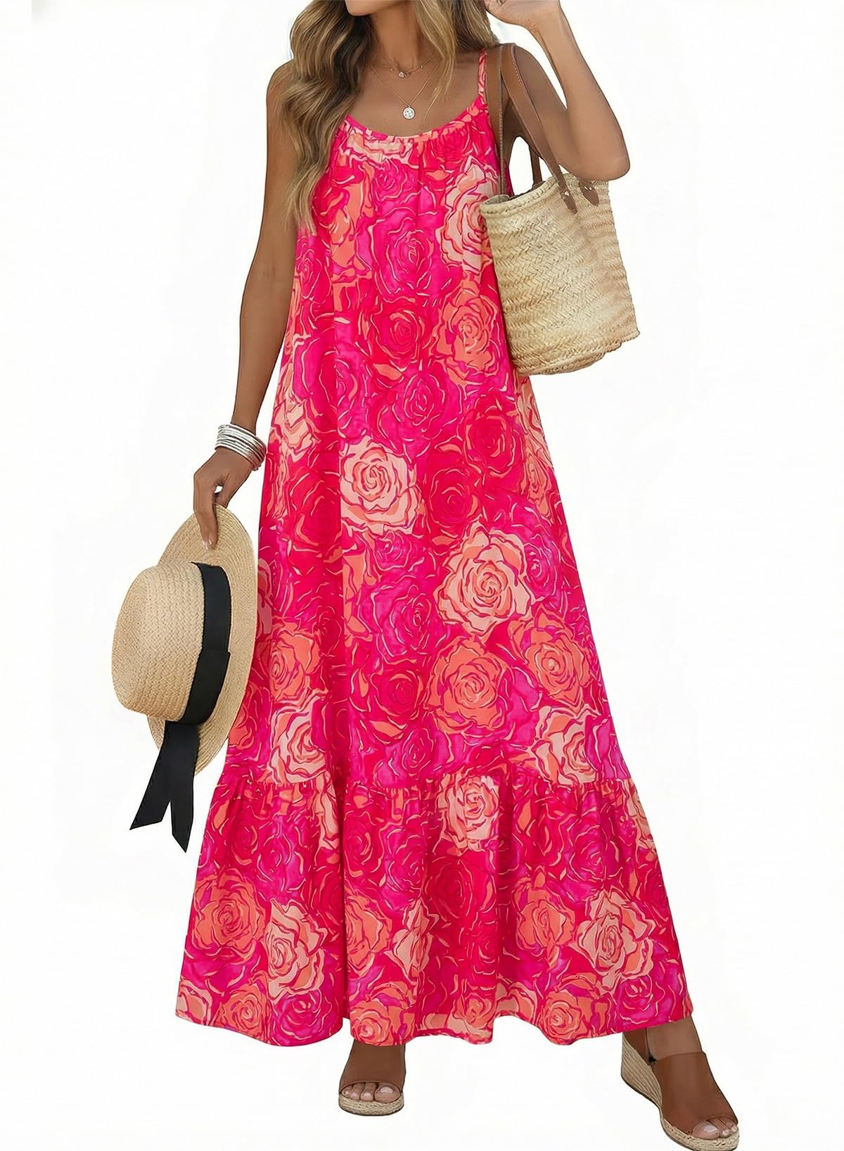 Dokotoo Women Summer Dresses Scoop Neck Ruffle Flowy Boho Maxi Dress