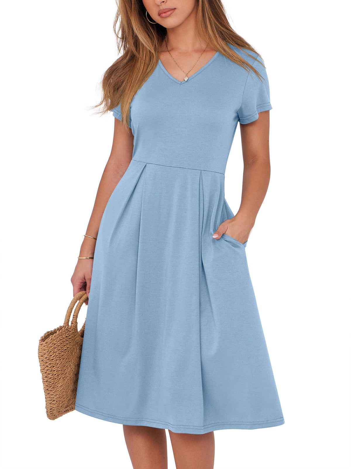 ANRABESS Women Summer Dress Casual Short Sleeve V Neck A-Line Knee Length Pleated Flowy 2026 Fashion Midi Dresses with Pocket