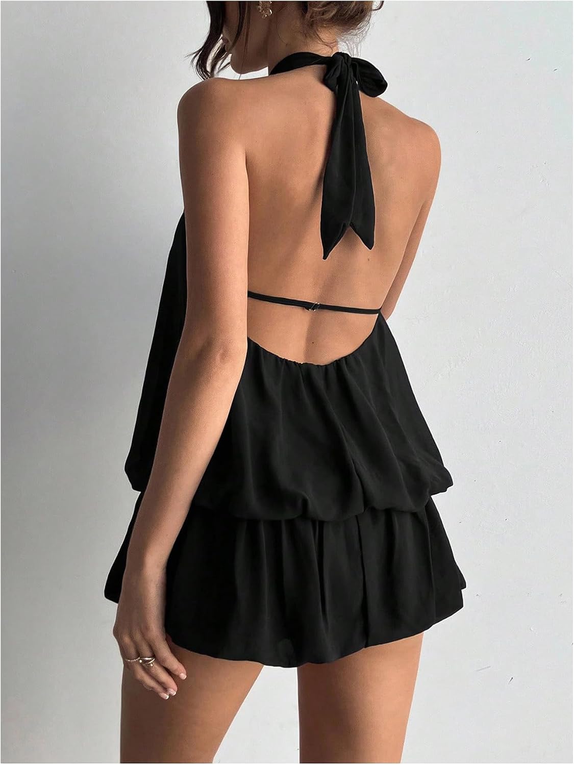 Floerns Women Backless Sleeveless Ruffle Bubble Hem Mesh Halter Mini Dress