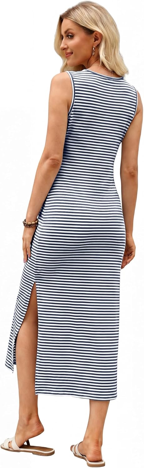 OFEEFAN Summer Dresses for Women 2026 V Neck Sleeveless Casual Dress Elegant Work Long Midi Dresses for Women Tie Waist
