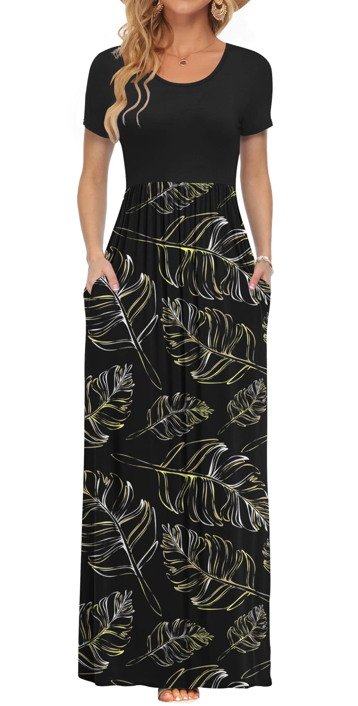 AUSELILY Women's Summer Short Sleeve Loose Plain Casual Long Maxi Dresses