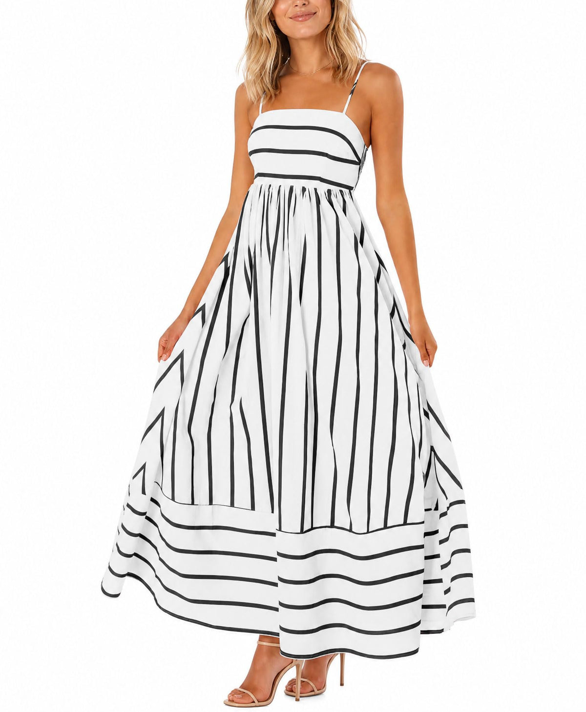 chouyatou Women's Striped Back Smocked Maxi Dress Sexy Spaghetti Strap Cut Out Flowy Swing Long Dress