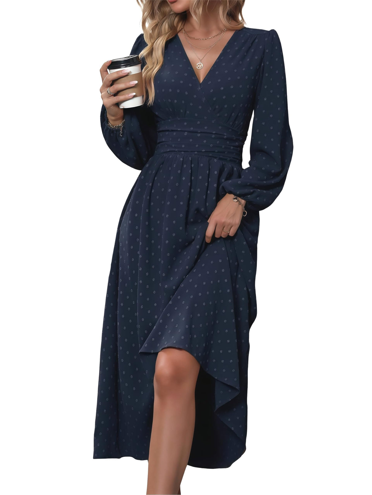 Mettclasi Women's Spring Fall Swiss Dot V-Neck Midi Dress Casual Puff Long Lantern Sleeve A-Line Flowy Wedding Guest Dress