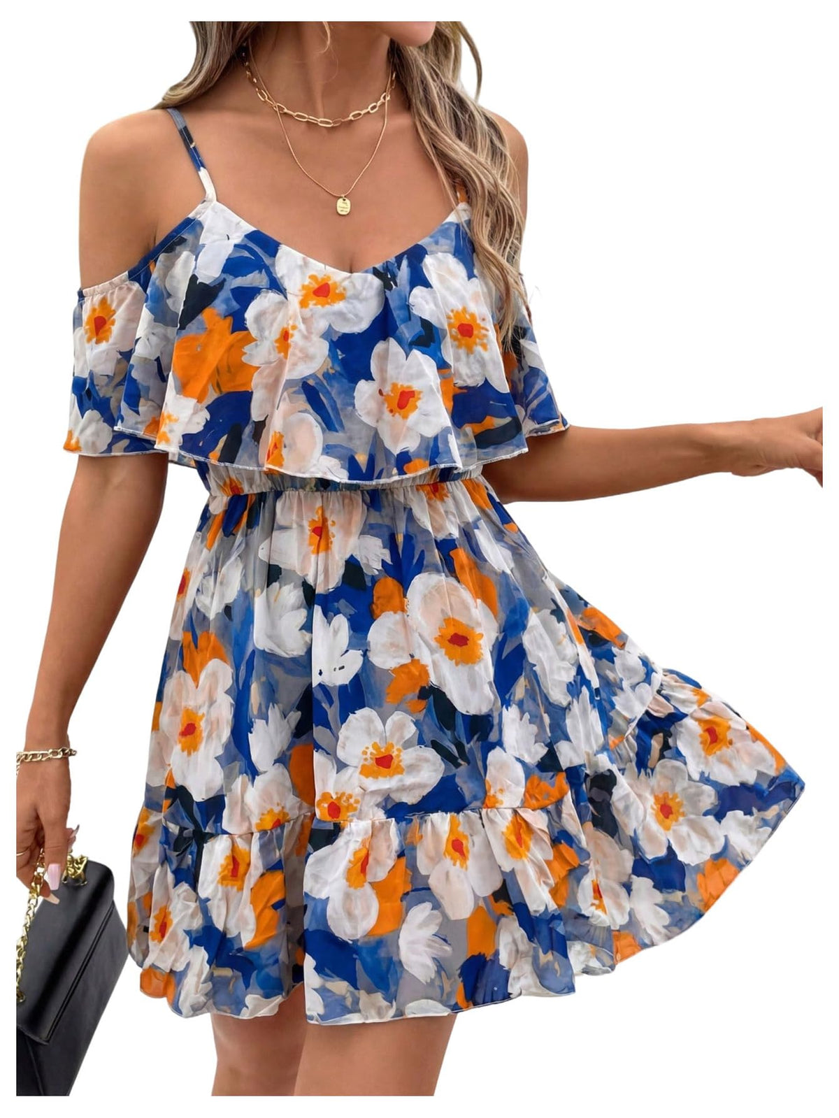 SOLY HUX Women's Summer Floral Mini Dress Cold Shoulder Ruffle Dresses