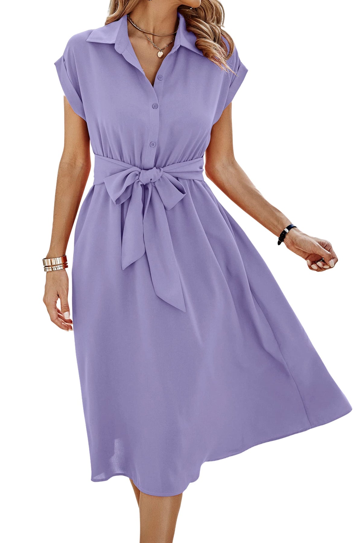 ECOWISH Womens Casual Midi Dresses Solid V Neck Short Sleeve Button Shirt Belted Dress with Pockets for Spring Summer 2026