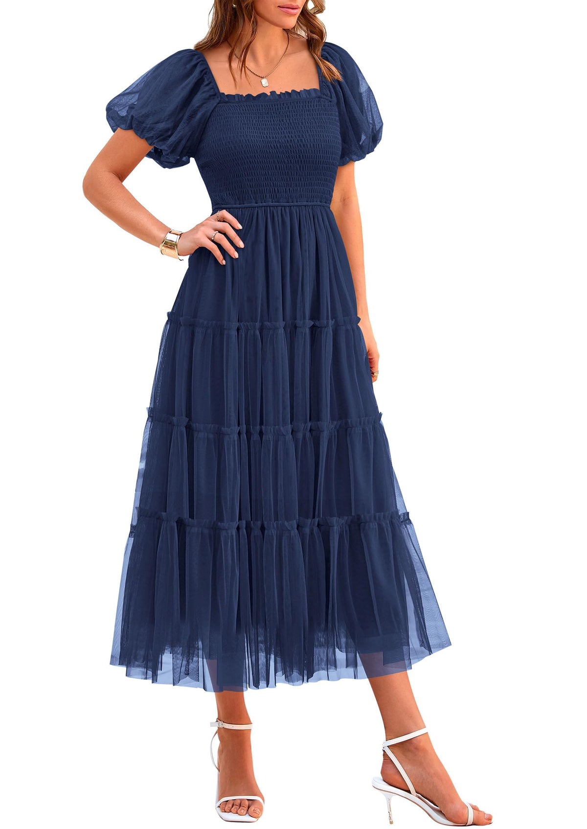 PRETTYGARDEN Women's Summer Smocked Midi Tulle Dress