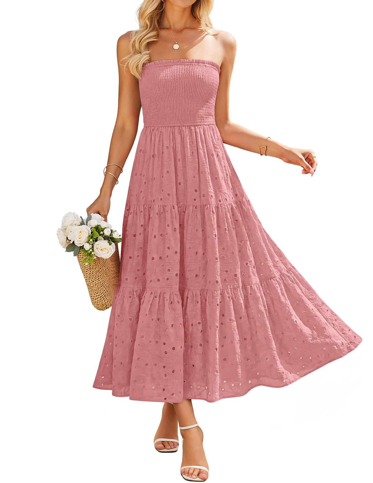 ZESICA Womens 2026 Summer Boho Strapless Smocked Midi Dresses