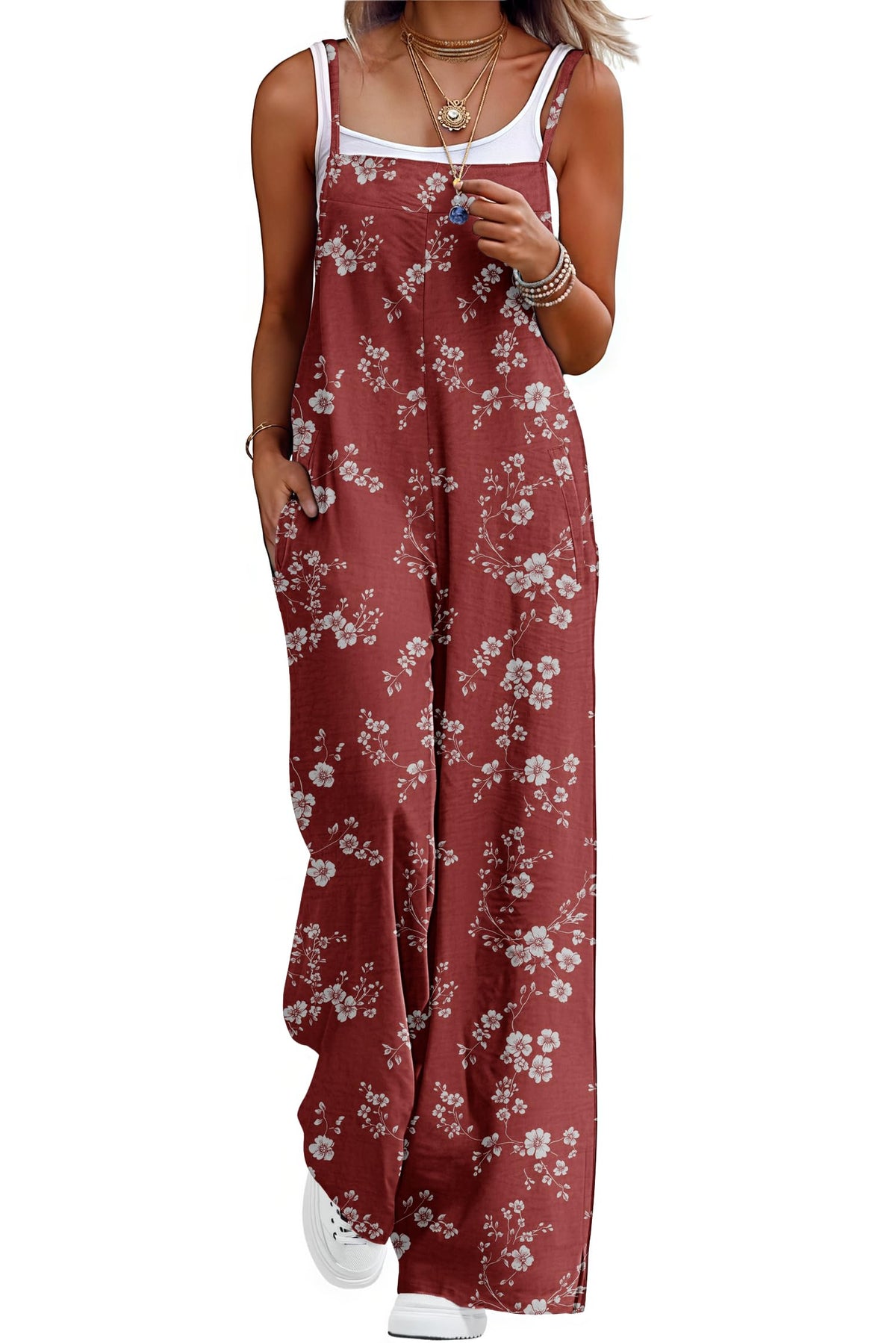 Lepunuo Womens Casual Loose Jumpsuits Summer Boho Wide Leg Rompers Sleeveless Overalls with Pockets