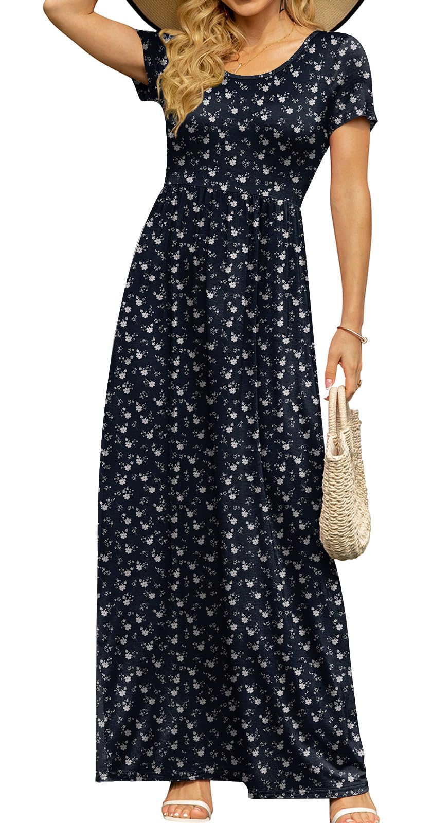DB MOON Women's Summer Maxi Dress Casual Short Sleeve Empire Waist Pockets