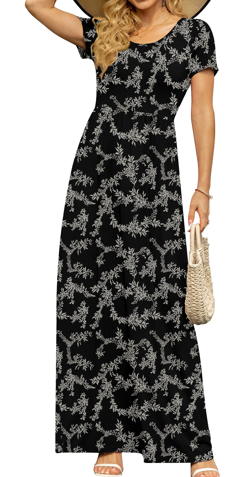 DB MOON Women's Summer Maxi Dress Casual Short Sleeve Empire Waist Pockets