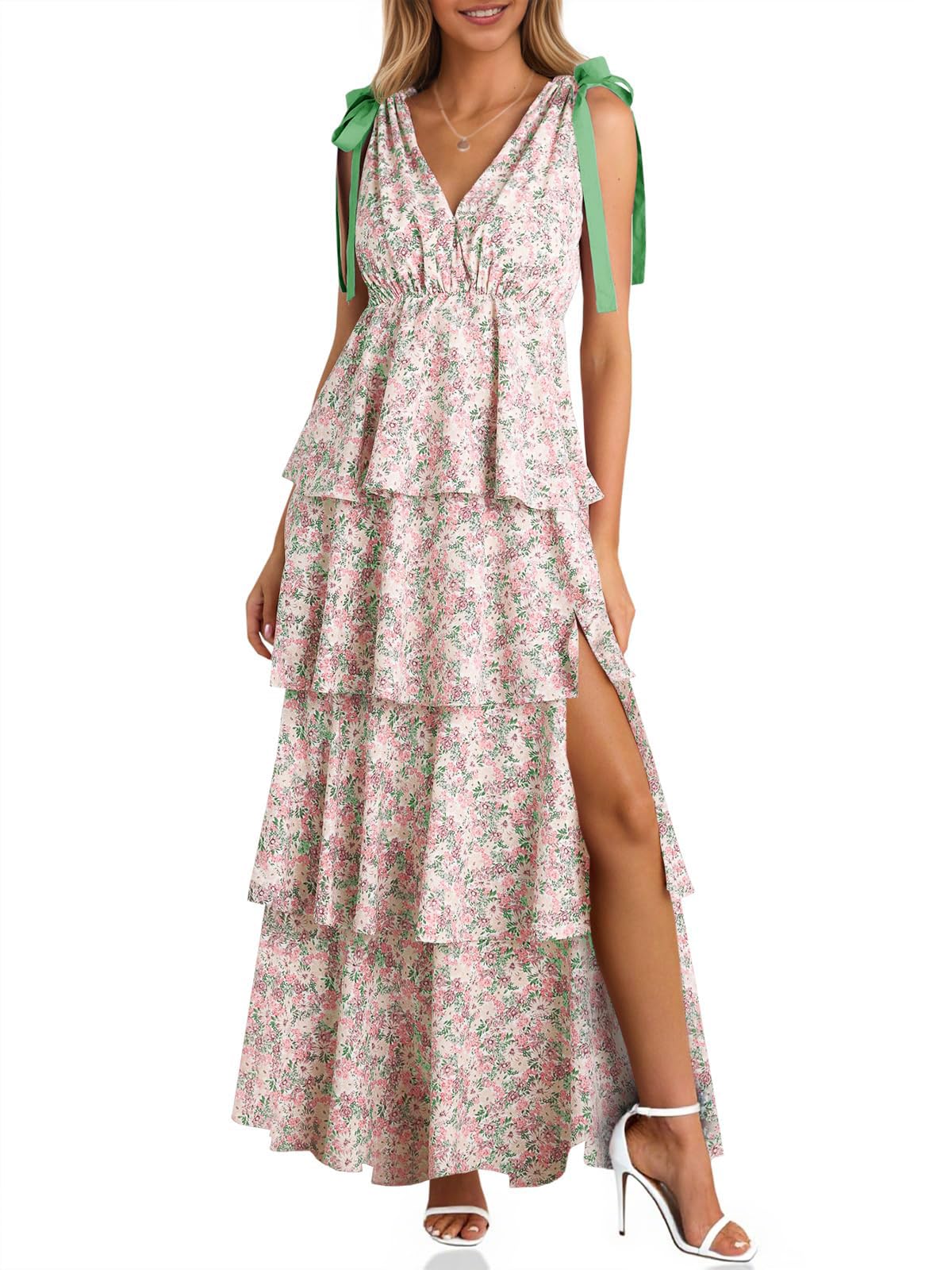 Wenrine Womens Elegant Wedding Guest Dress Floral Ruffle Maxi Dresses
