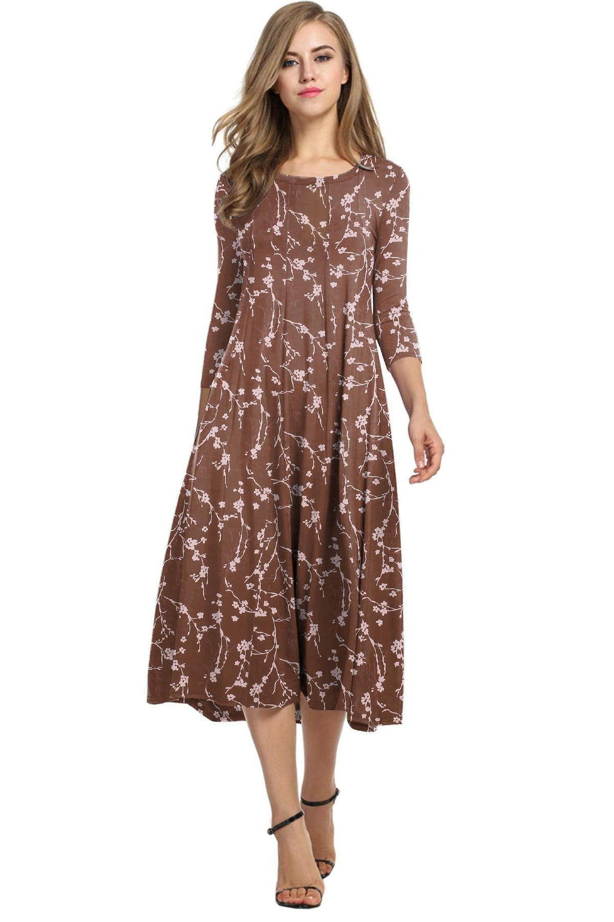 HOTOUCH Women's 3/4 Sleeve A-line and Flare Midi Long Dress