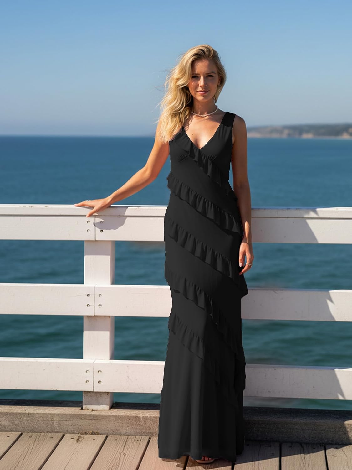HOCILLE Women's Sexy V Neck Backless Long Cocktail Dress Bodycon Elegant Ruffle Maxi Wedding Guest Party Dresses