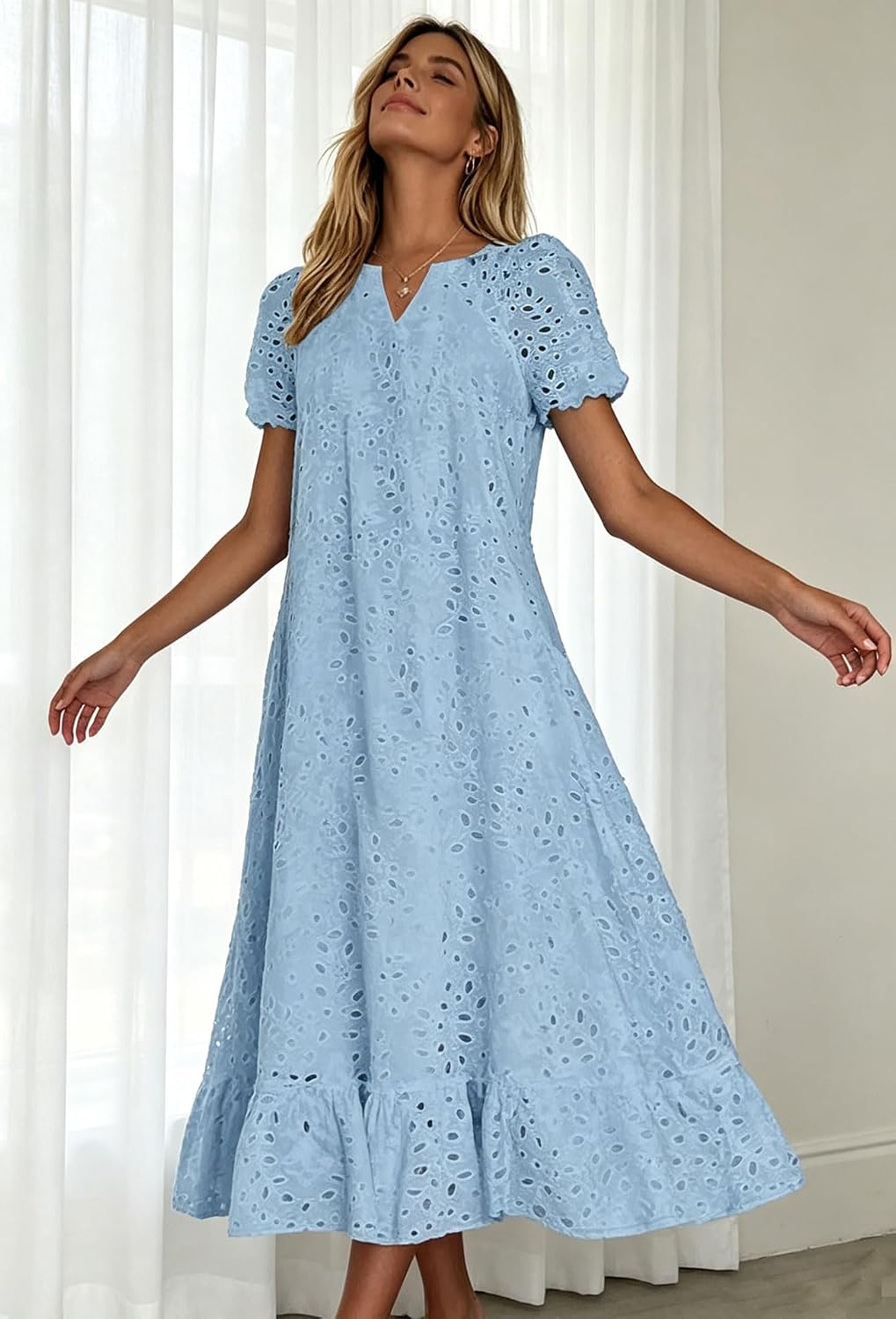 chouyatou Women Summer Ruffle Hem Floral Lace Eyelet Dress Casual Notch Neck Midi Tunic Dress with Pocket