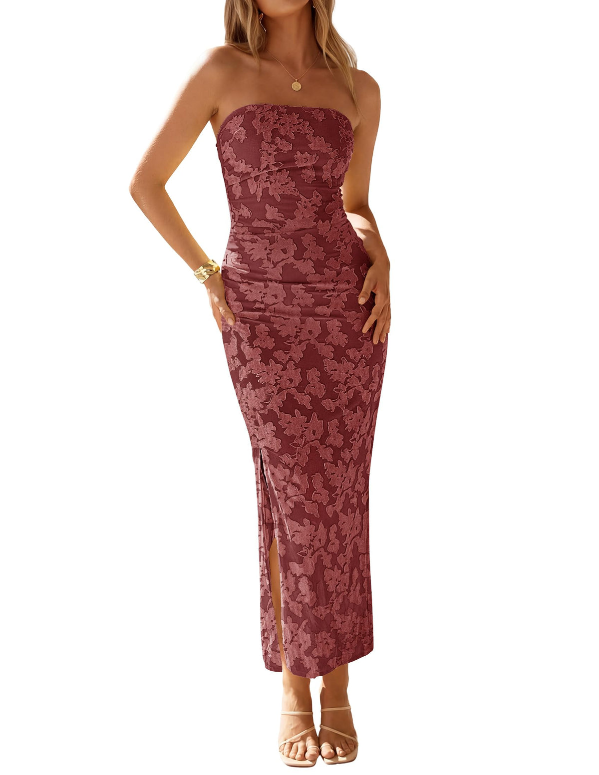 ZESICA Womens Summer Strapless Floral Bodycon Ruched Slit Maxi Formal Dress