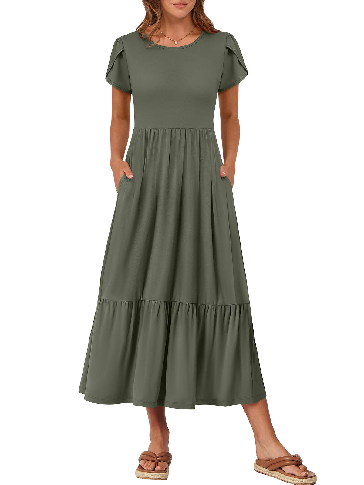ANRABESS Womens Summer Petal Short Sleeve Maxi Dress with Pockets