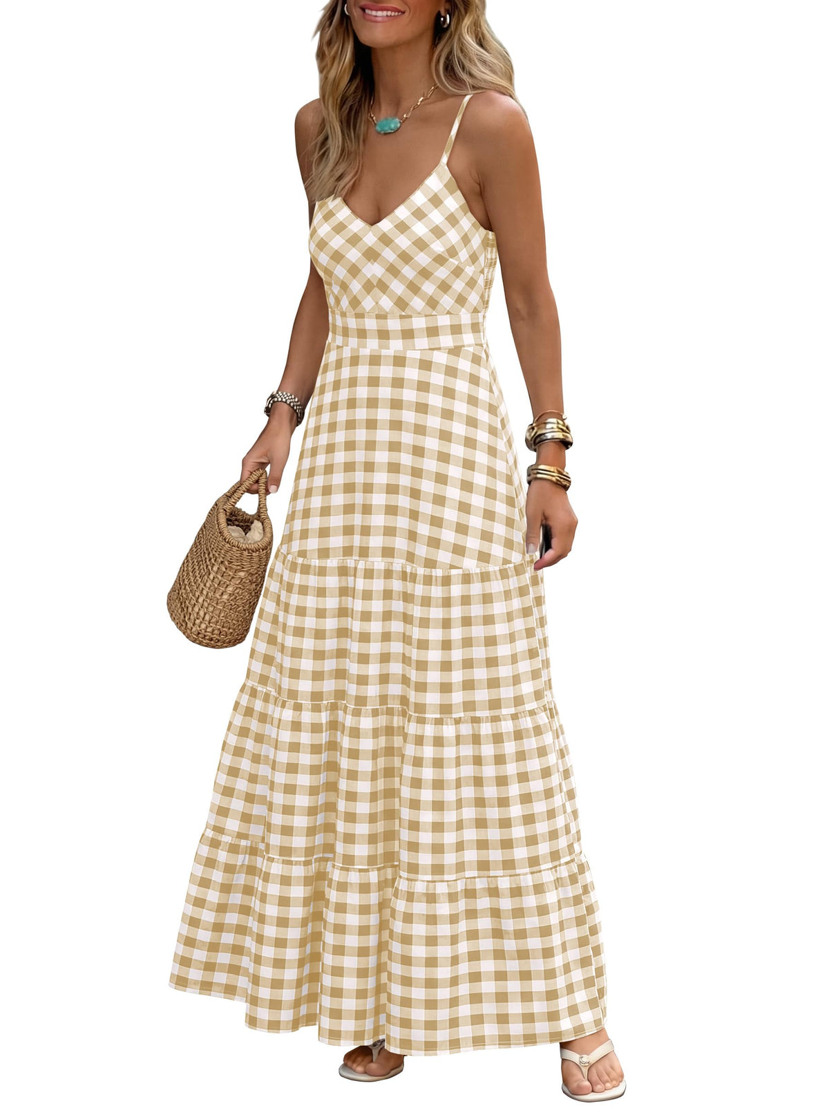 Caracilia Womens Summer Gingham Striped Flowy Spaghetti Strap Maxi Dress